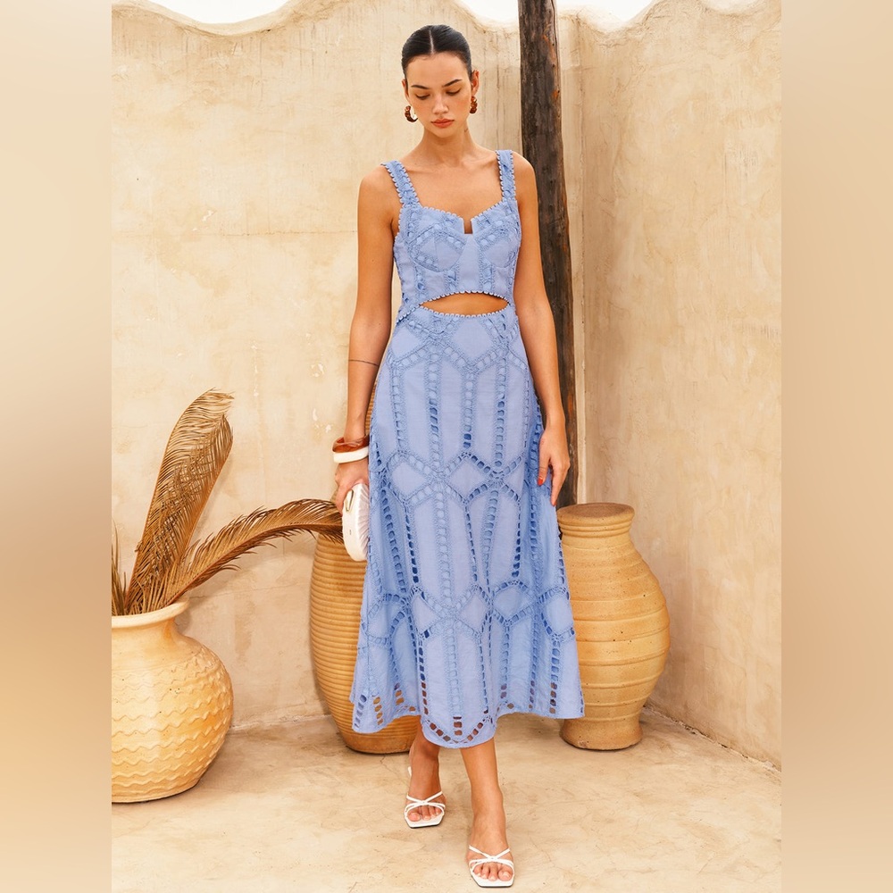 Commense Light Blue Eyelet Midi Dress with Cutout